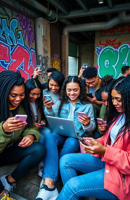 A vibrant and dynamic representation of Generation Z using social media, showcasing diverse young adults engaged with their smartphones and laptops in an urban setting