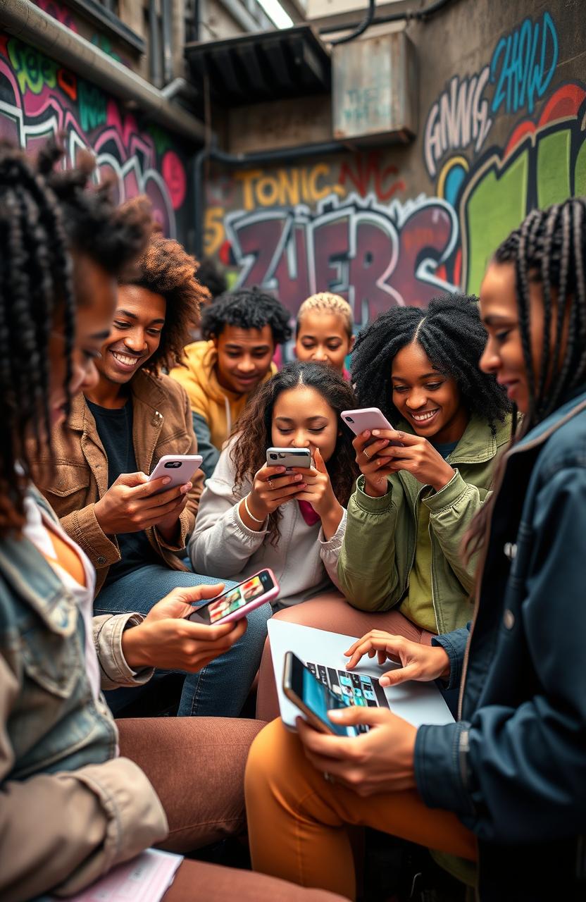 A vibrant and dynamic representation of Generation Z using social media, showcasing diverse young adults engaged with their smartphones and laptops in an urban setting