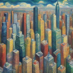 An aerial view of a sprawling New York cityscape, painted in Vincent Van Gogh's signature post-impressionistic style with energetic swirls and dramatic colors.