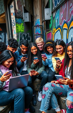 A vibrant and dynamic representation of Generation Z using social media, showcasing diverse young adults engaged with their smartphones and laptops in an urban setting