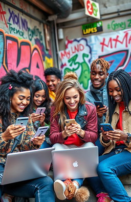 A vibrant and dynamic representation of Generation Z using social media, showcasing diverse young adults engaged with their smartphones and laptops in an urban setting