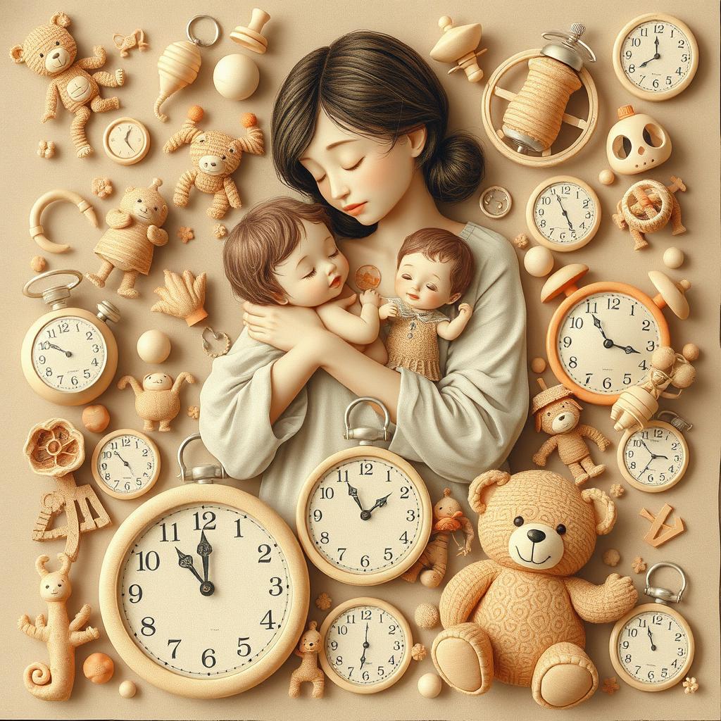 A nostalgic collage featuring delicate illustrations of toys and childhood elements such as a pacifier, a doll, and a teddy bear