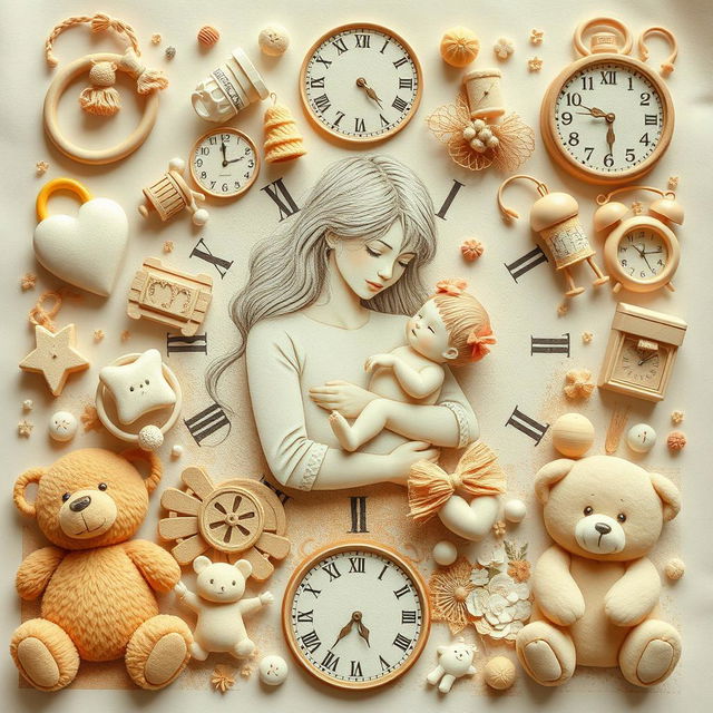 A nostalgic collage featuring delicate illustrations of toys and childhood elements such as a pacifier, a doll, and a teddy bear