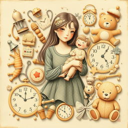 A nostalgic collage featuring delicate illustrations of toys and childhood elements such as a pacifier, a doll, and a teddy bear