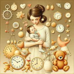A nostalgic collage featuring delicate illustrations of toys and childhood elements such as a pacifier, a doll, and a teddy bear