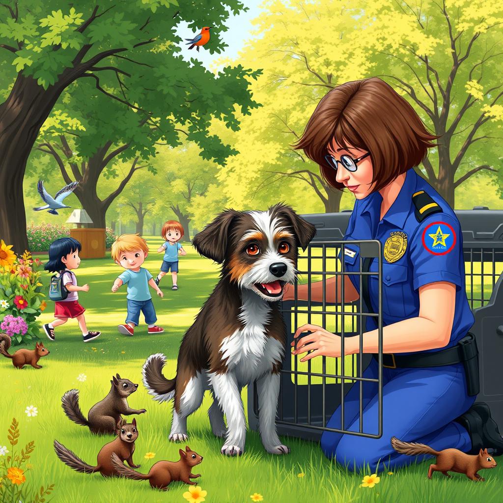A whimsical scene of an animal control officer, a middle-aged woman with short brown hair, wearing a blue uniform, gently coaxing a stray dog into a crate