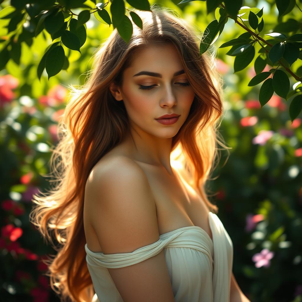A serene and beautiful portrait of a woman with an ethereal quality, gracefully posed in a lush garden