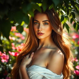 A serene and beautiful portrait of a woman with an ethereal quality, gracefully posed in a lush garden