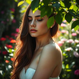 A serene and beautiful portrait of a woman with an ethereal quality, gracefully posed in a lush garden