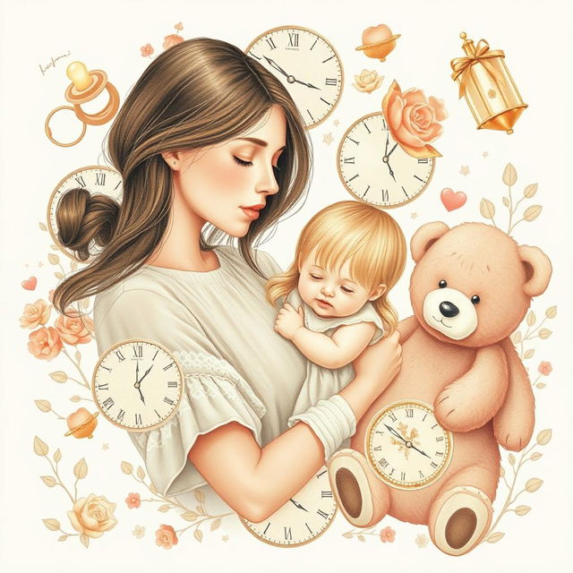 A nostalgic collage that seamlessly blends delicate illustrations of childhood elements such as a pacifier, a doll, and a teddy bear alongside a mother lovingly holding her child