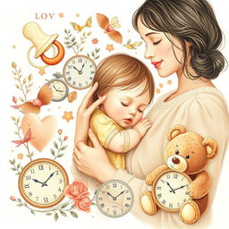 A nostalgic collage that seamlessly blends delicate illustrations of childhood elements such as a pacifier, a doll, and a teddy bear alongside a mother lovingly holding her child