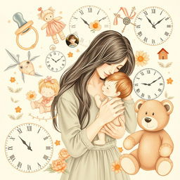 A nostalgic collage that seamlessly blends delicate illustrations of childhood elements such as a pacifier, a doll, and a teddy bear alongside a mother lovingly holding her child