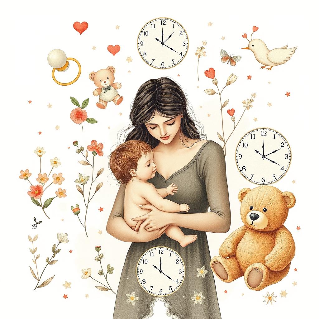 A nostalgic collage that seamlessly blends delicate illustrations of childhood elements such as a pacifier, a doll, and a teddy bear alongside a mother lovingly holding her child