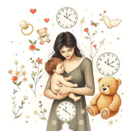 A nostalgic collage that seamlessly blends delicate illustrations of childhood elements such as a pacifier, a doll, and a teddy bear alongside a mother lovingly holding her child
