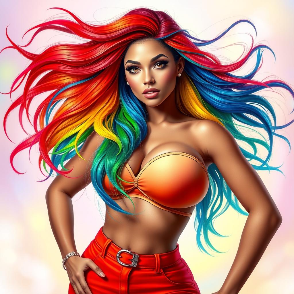 A vibrant and colorful portrait of a confident woman with rainbow-colored, long flowing hair, featuring shades of red, blue, green, and yellow