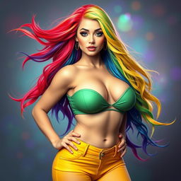 A vibrant and colorful portrait of a confident woman with rainbow-colored, long flowing hair, featuring shades of red, blue, green, and yellow