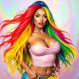 A vibrant and colorful portrait of a confident woman with rainbow-colored, long flowing hair, featuring shades of red, blue, green, and yellow