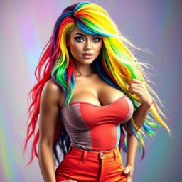 A vibrant and colorful portrait of a confident woman with rainbow-colored, long flowing hair, featuring shades of red, blue, green, and yellow