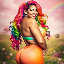 A vibrant and confident woman with rainbow-colored hair, styled in an eye-catching, playful manner