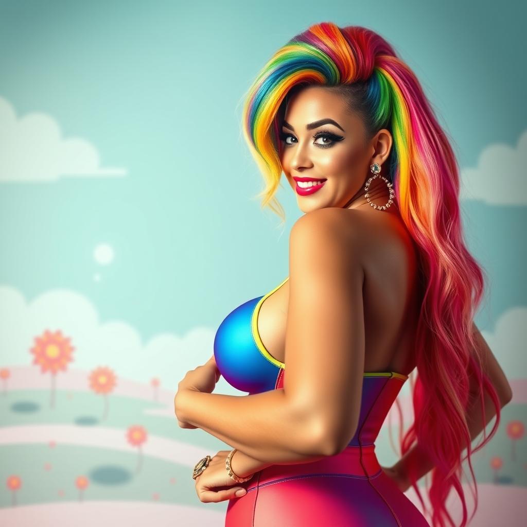 A vibrant and confident woman with rainbow-colored hair, styled in an eye-catching, playful manner