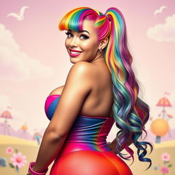 A vibrant and confident woman with rainbow-colored hair, styled in an eye-catching, playful manner