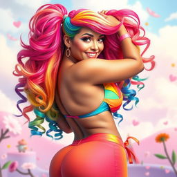 A vibrant and confident woman with rainbow-colored hair, styled in an eye-catching, playful manner
