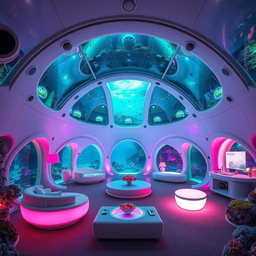 An underwater hotel designed with an alien theme, featuring futuristic architecture with bioluminescent elements, transparent glass domes that provide stunning views of marine life, and vibrant, otherworldly colors like neon greens and purples