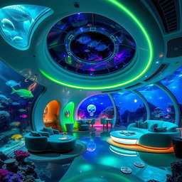 An underwater hotel designed with an alien theme, featuring futuristic architecture with bioluminescent elements, transparent glass domes that provide stunning views of marine life, and vibrant, otherworldly colors like neon greens and purples