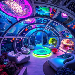 An underwater hotel designed with an alien theme, featuring futuristic architecture with bioluminescent elements, transparent glass domes that provide stunning views of marine life, and vibrant, otherworldly colors like neon greens and purples