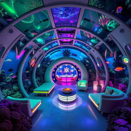 An underwater hotel designed with an alien theme, featuring futuristic architecture with bioluminescent elements, transparent glass domes that provide stunning views of marine life, and vibrant, otherworldly colors like neon greens and purples