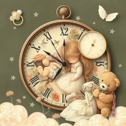 A nostalgic collage featuring delicate illustrations of childhood elements, including a pacifier, a doll, a teddy bear, and a mother holding her child protectively