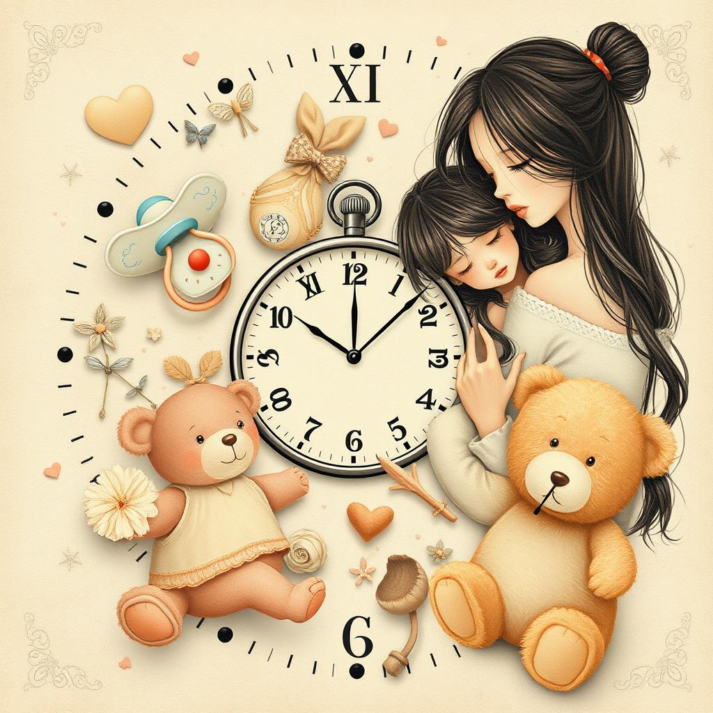 A nostalgic collage featuring delicate illustrations of childhood elements, including a pacifier, a doll, a teddy bear, and a mother holding her child protectively