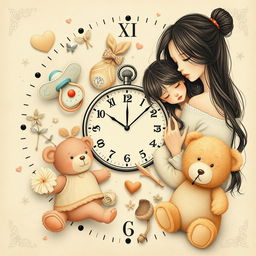 A nostalgic collage featuring delicate illustrations of childhood elements, including a pacifier, a doll, a teddy bear, and a mother holding her child protectively