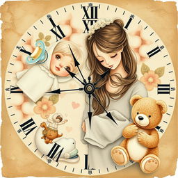 A nostalgic collage featuring delicate illustrations of childhood elements, including a pacifier, a doll, a teddy bear, and a mother holding her child protectively