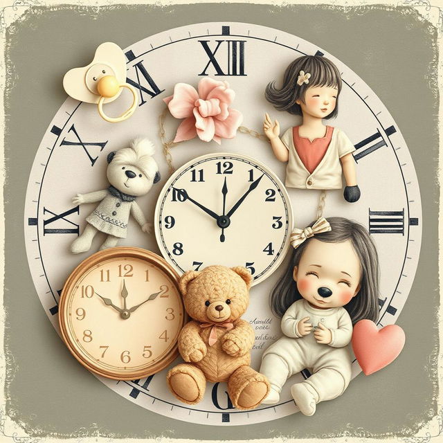 A nostalgic collage featuring delicate illustrations of childhood elements, including a pacifier, a doll, a teddy bear, and a mother holding her child protectively