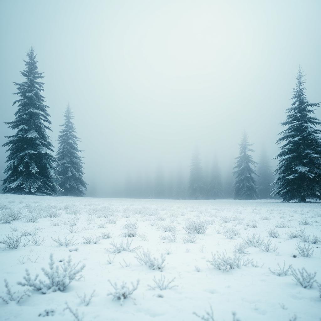 A serene snow-covered meadow with frost-tipped evergreen trees standing tall, surrounded by a dreamy icy fog drifting softly in the background