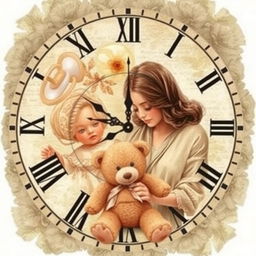 A nostalgic collage design featuring delicate illustrations of childhood elements, including a pacifier, a doll, and a teddy bear, alongside a mother holding her child protectively