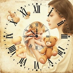 A nostalgic collage design featuring delicate illustrations of childhood elements, including a pacifier, a doll, and a teddy bear, alongside a mother holding her child protectively