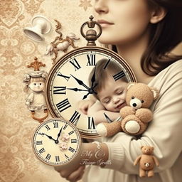 A nostalgic collage design featuring delicate illustrations of childhood elements, including a pacifier, a doll, and a teddy bear, alongside a mother holding her child protectively