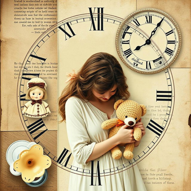 A nostalgic collage design featuring delicate illustrations of childhood elements, including a pacifier, a doll, and a teddy bear, alongside a mother holding her child protectively