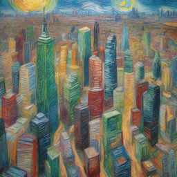 An aerial view of a sprawling New York cityscape, painted in Vincent Van Gogh's signature post-impressionistic style with energetic swirls and dramatic colors.