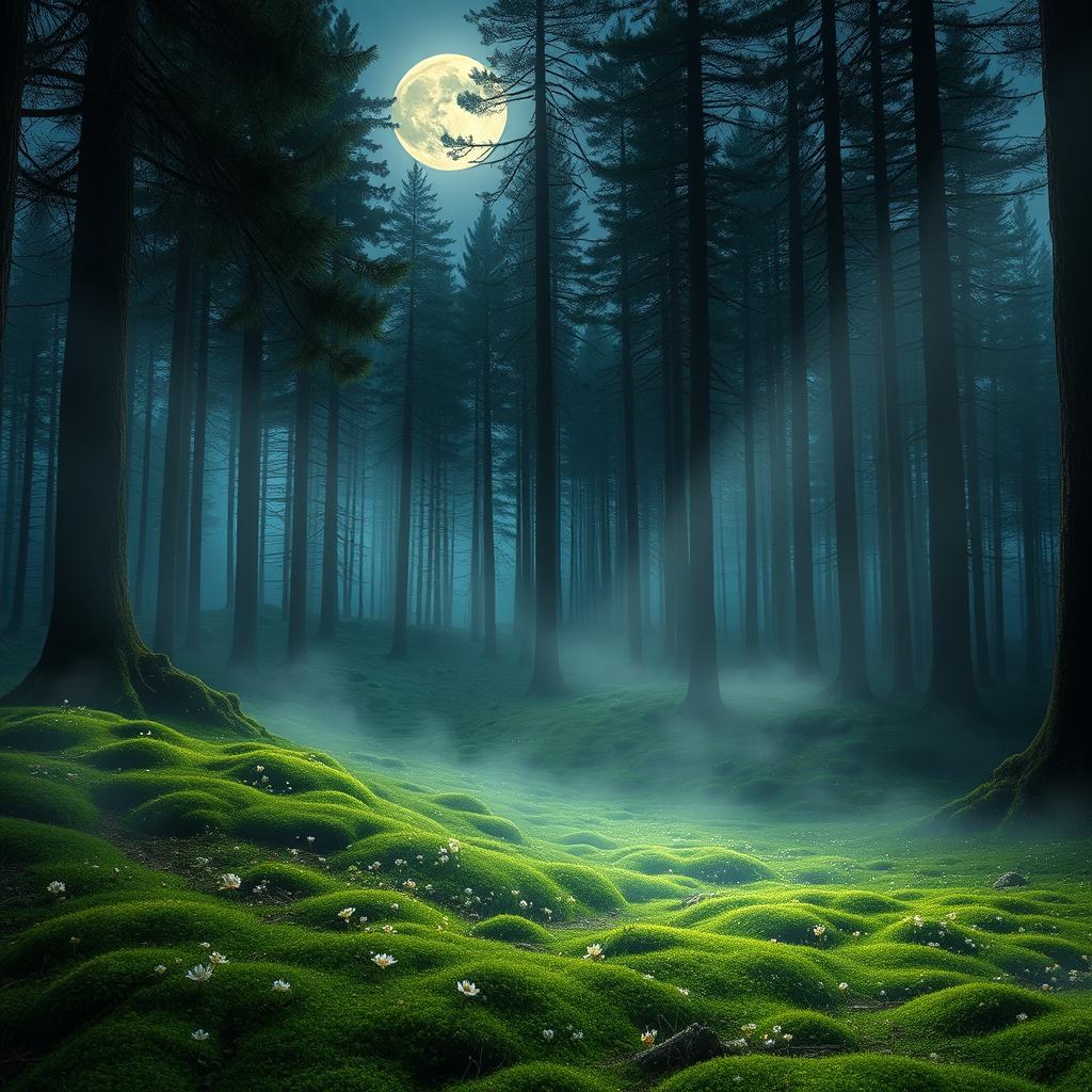 A serene and tranquil forest clearing bathed in soft moonlight, surrounded by tall, majestic pine trees