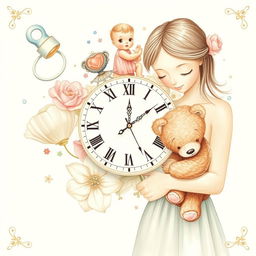 A heartwarming collage design that seamlessly blends delicate illustrations of childhood elements, including a pacifier, a doll, a teddy bear, and a mother holding her child protectively in a warm embrace
