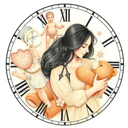 A heartwarming collage design that seamlessly blends delicate illustrations of childhood elements, including a pacifier, a doll, a teddy bear, and a mother holding her child protectively in a warm embrace
