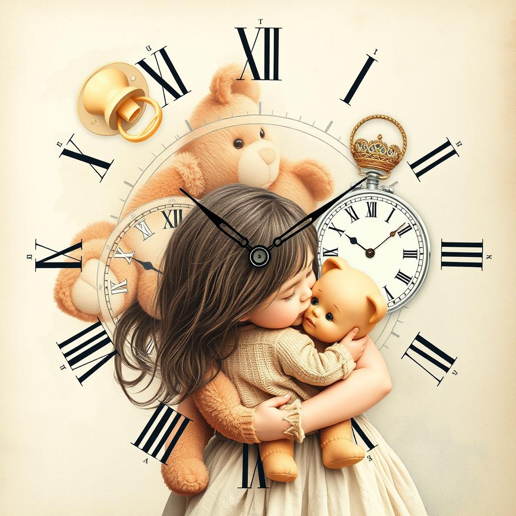 A heartwarming collage design that seamlessly blends delicate illustrations of childhood elements, including a pacifier, a doll, a teddy bear, and a mother holding her child protectively in a warm embrace