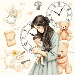 A heartwarming collage design that seamlessly blends delicate illustrations of childhood elements, including a pacifier, a doll, a teddy bear, and a mother holding her child protectively in a warm embrace