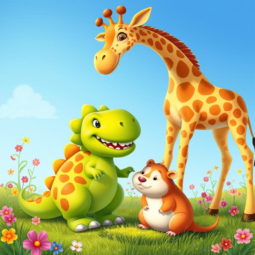A whimsical scene featuring a friendly dinosaur, a tall giraffe, and a cute hamster gathered together in a vibrant landscape