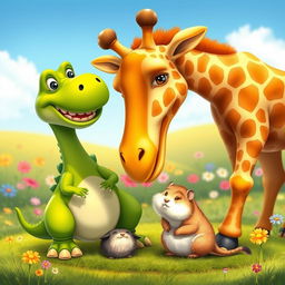 A whimsical scene featuring a friendly dinosaur, a tall giraffe, and a cute hamster gathered together in a vibrant landscape
