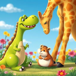 A whimsical scene featuring a friendly dinosaur, a tall giraffe, and a cute hamster gathered together in a vibrant landscape