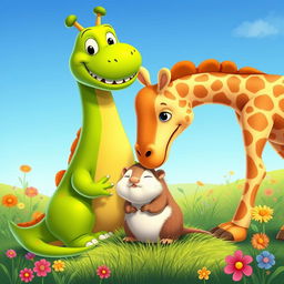 A whimsical scene featuring a friendly dinosaur, a tall giraffe, and a cute hamster gathered together in a vibrant landscape